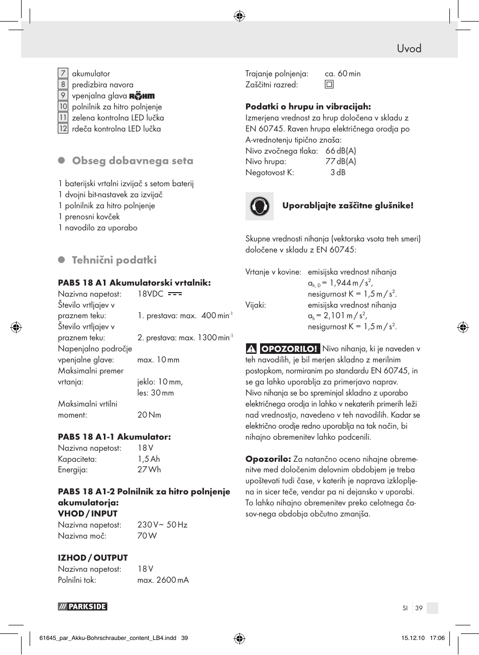 Uvod, Obseg dobavnega seta, Tehnični podatki | Parkside PABS 18 A1 User Manual | Page 38 / 79