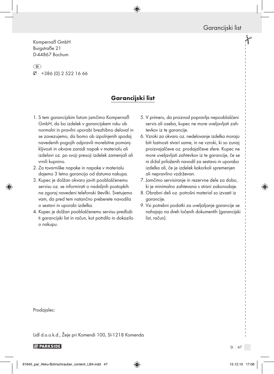 Garancijski list | Parkside PABS 18 A1 User Manual | Page 46 / 79