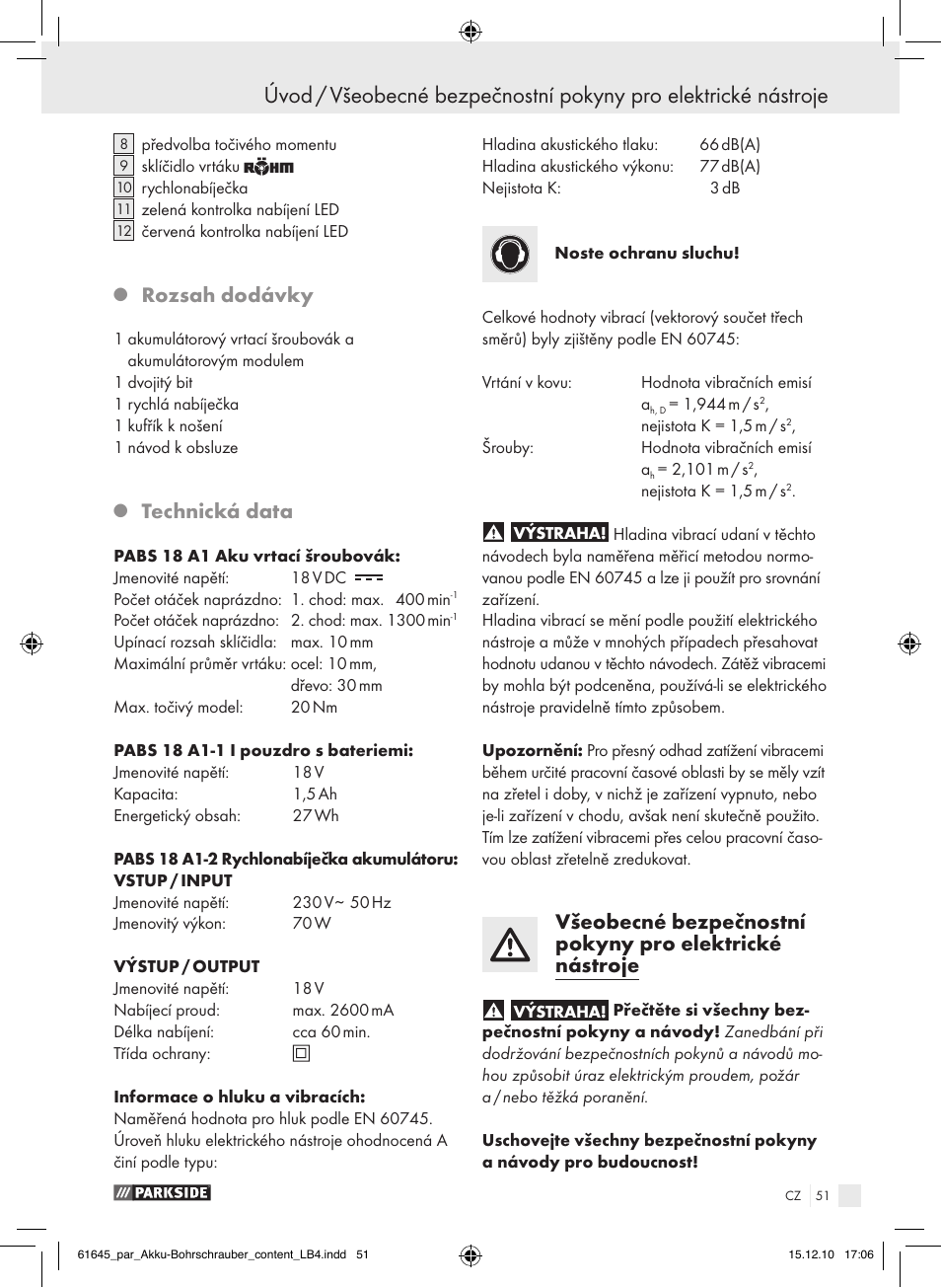 Rozsah dodávky, Technická data | Parkside PABS 18 A1 User Manual | Page 50 / 79