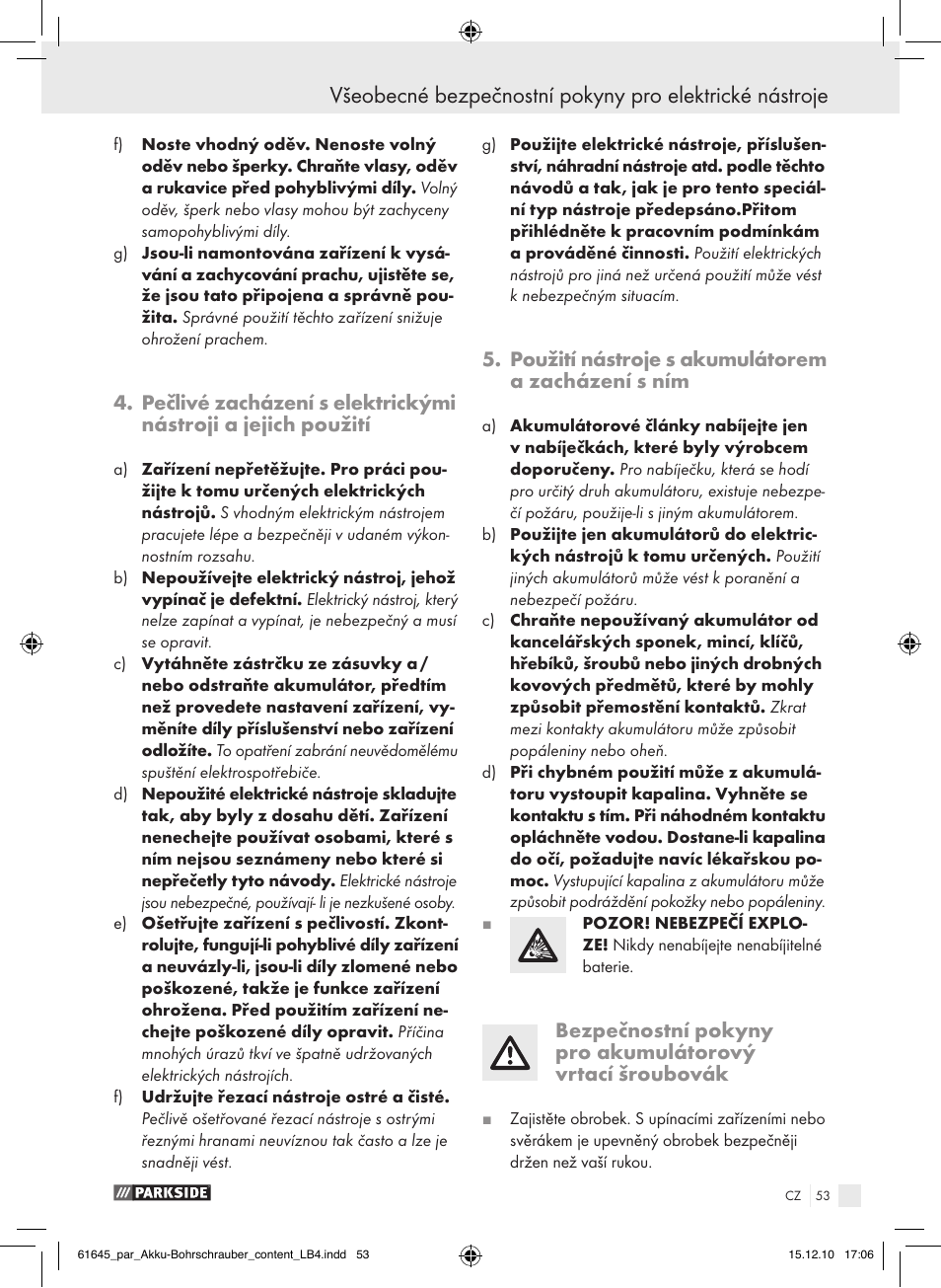 Použití nástroje s akumulátorem a zacházení s ním | Parkside PABS 18 A1 User Manual | Page 52 / 79
