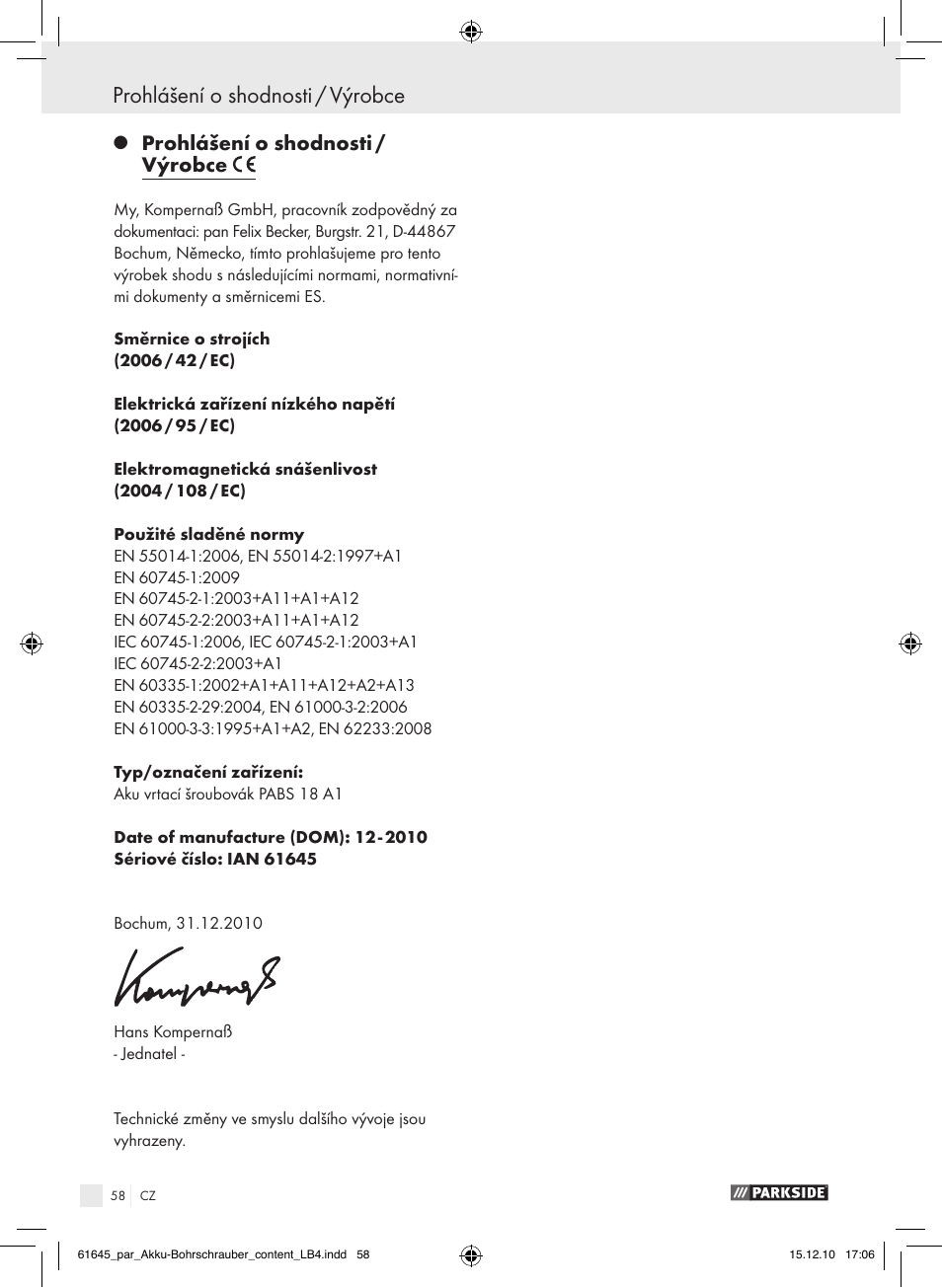 Prohlášení o shodnosti / výrobce | Parkside PABS 18 A1 User Manual | Page 57 / 79