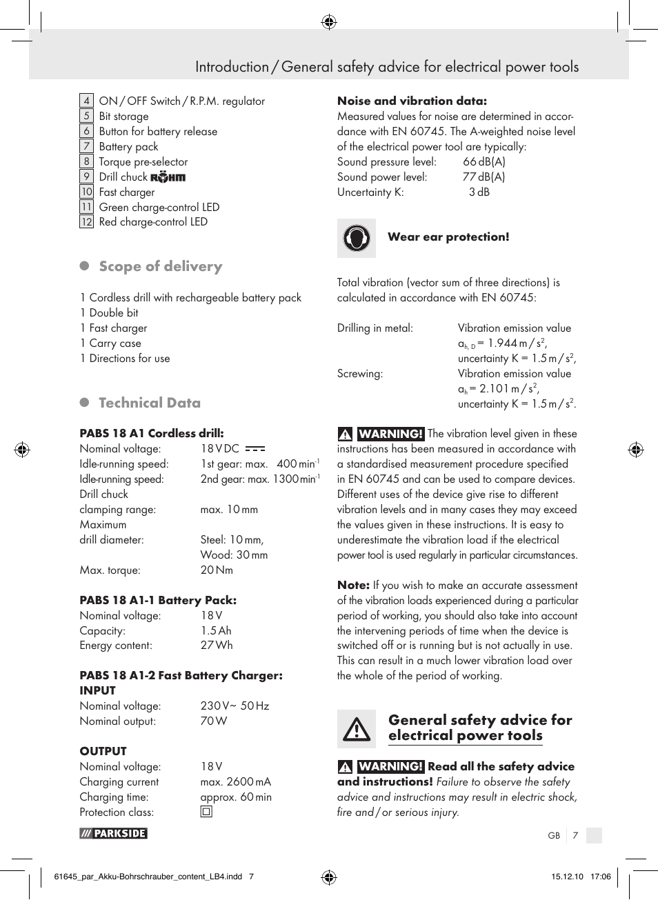 Scope of delivery, Technical data, General safety advice for electrical power tools | Parkside PABS 18 A1 User Manual | Page 6 / 79