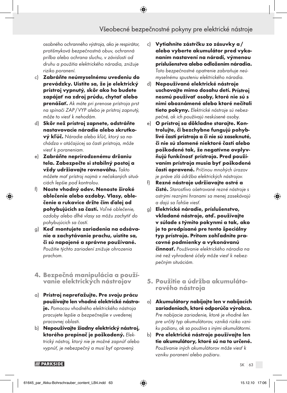 Použitie a údržba akumuláto- rového nástroja | Parkside PABS 18 A1 User Manual | Page 62 / 79