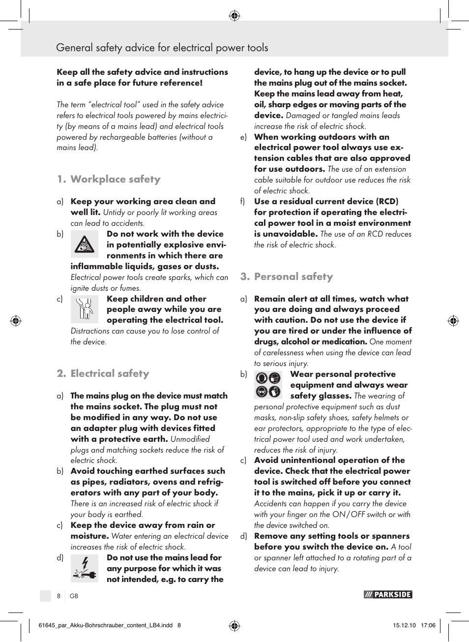 General safety advice for electrical power tools, Workplace safety, Electrical safety | Personal safety | Parkside PABS 18 A1 User Manual | Page 7 / 79