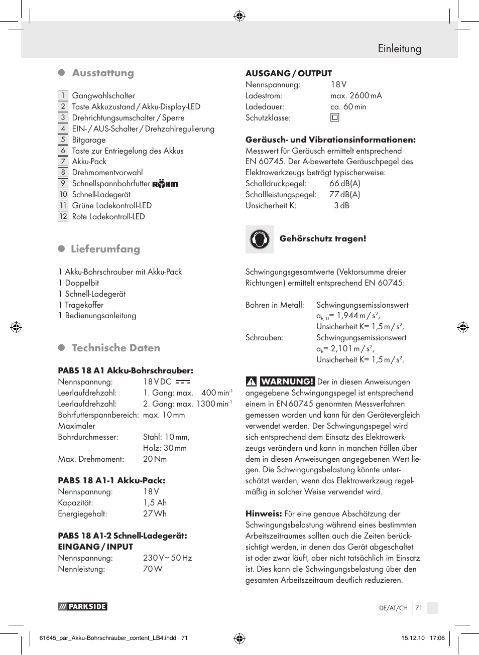 Einleitung, Ausstattung, Lieferumfang | Technische daten | Parkside PABS 18 A1 User Manual | Page 70 / 79
