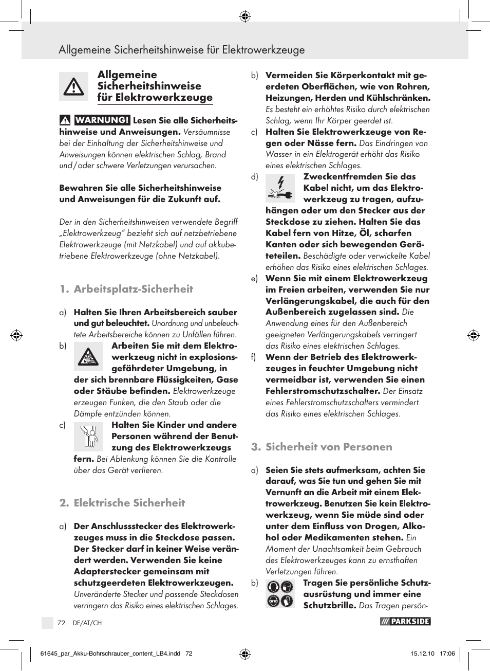 Arbeitsplatz-sicherheit, Elektrische sicherheit, Sicherheit von personen | Parkside PABS 18 A1 User Manual | Page 71 / 79