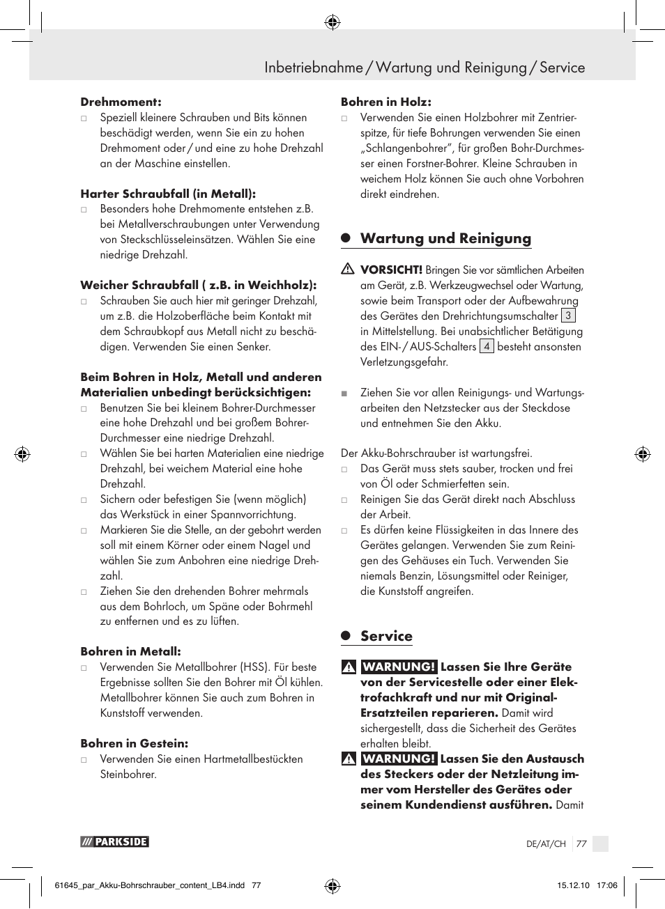 Inbetriebnahme / wartung und reinigung / service, Wartung und reinigung, Service | Parkside PABS 18 A1 User Manual | Page 76 / 79