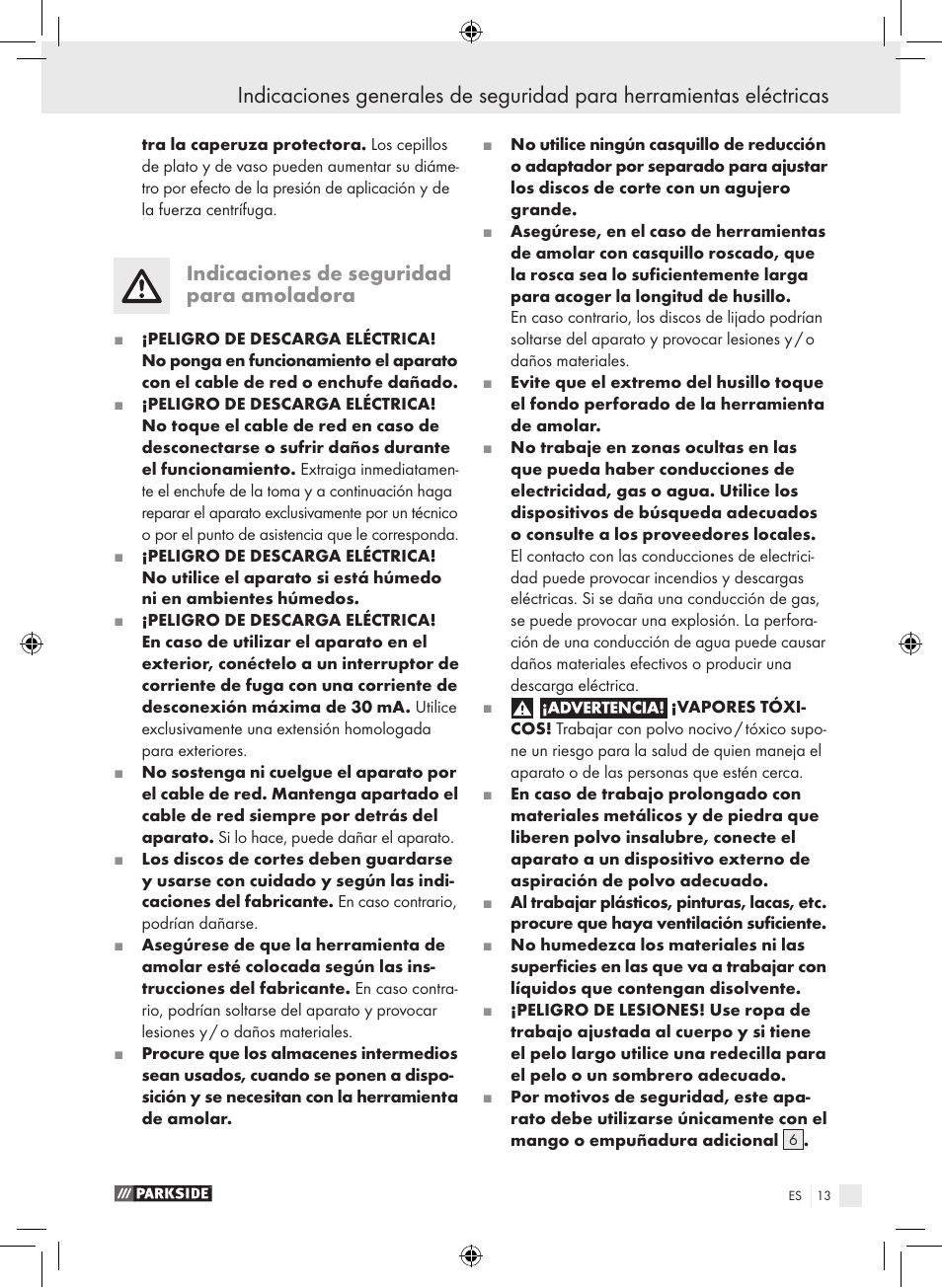 Indicaciones de seguridad para amoladora | Parkside PWS 230 A1 User Manual | Page 13 / 77