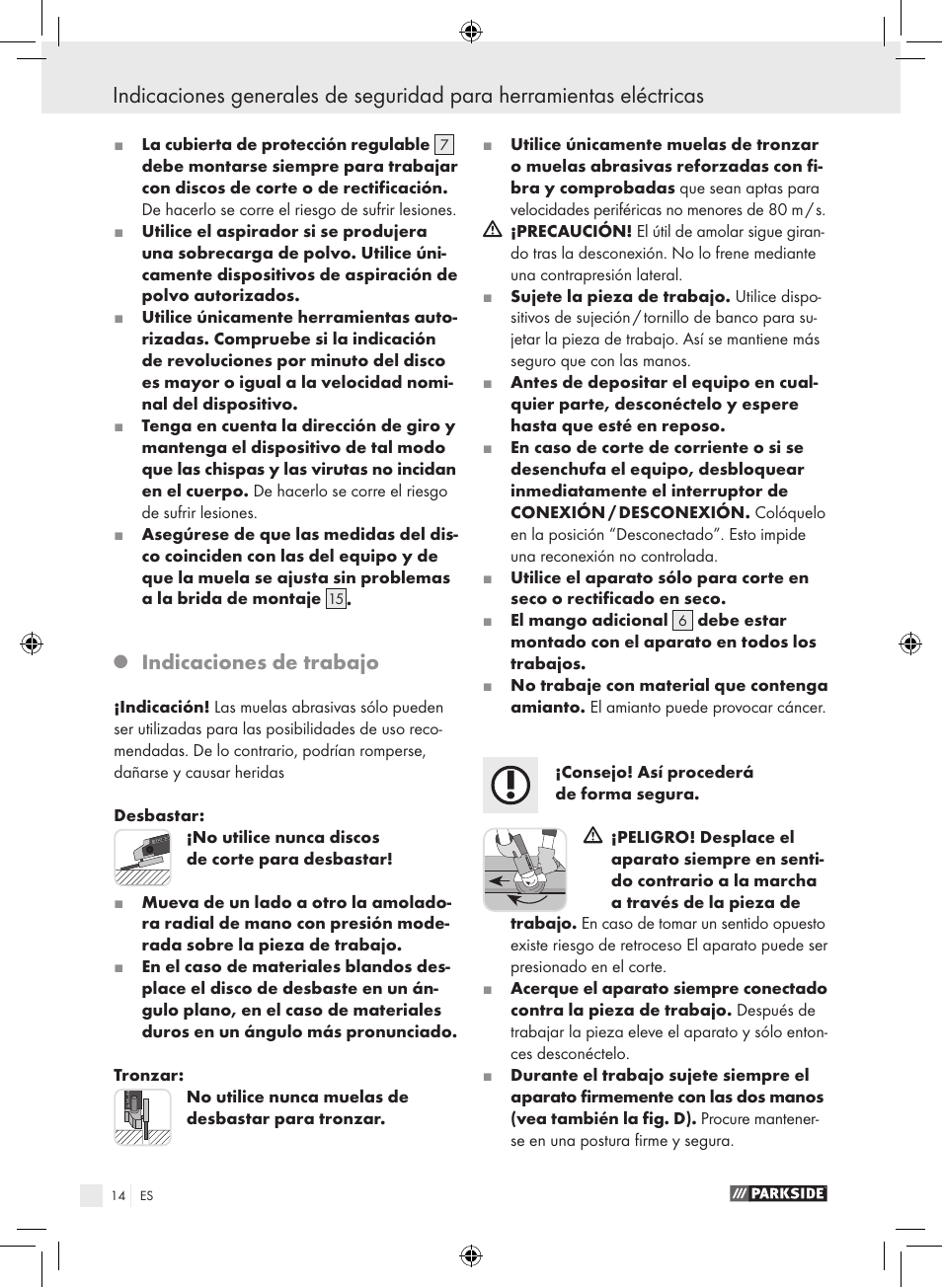 Indicaciones de trabajo | Parkside PWS 230 A1 User Manual | Page 14 / 77