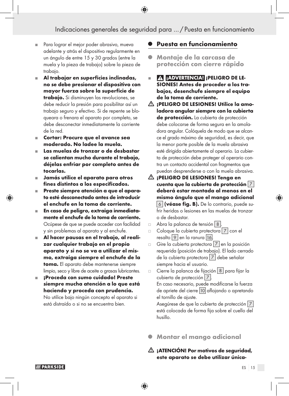 Puesta en funcionamiento, Montar el mango adicional | Parkside PWS 230 A1 User Manual | Page 15 / 77