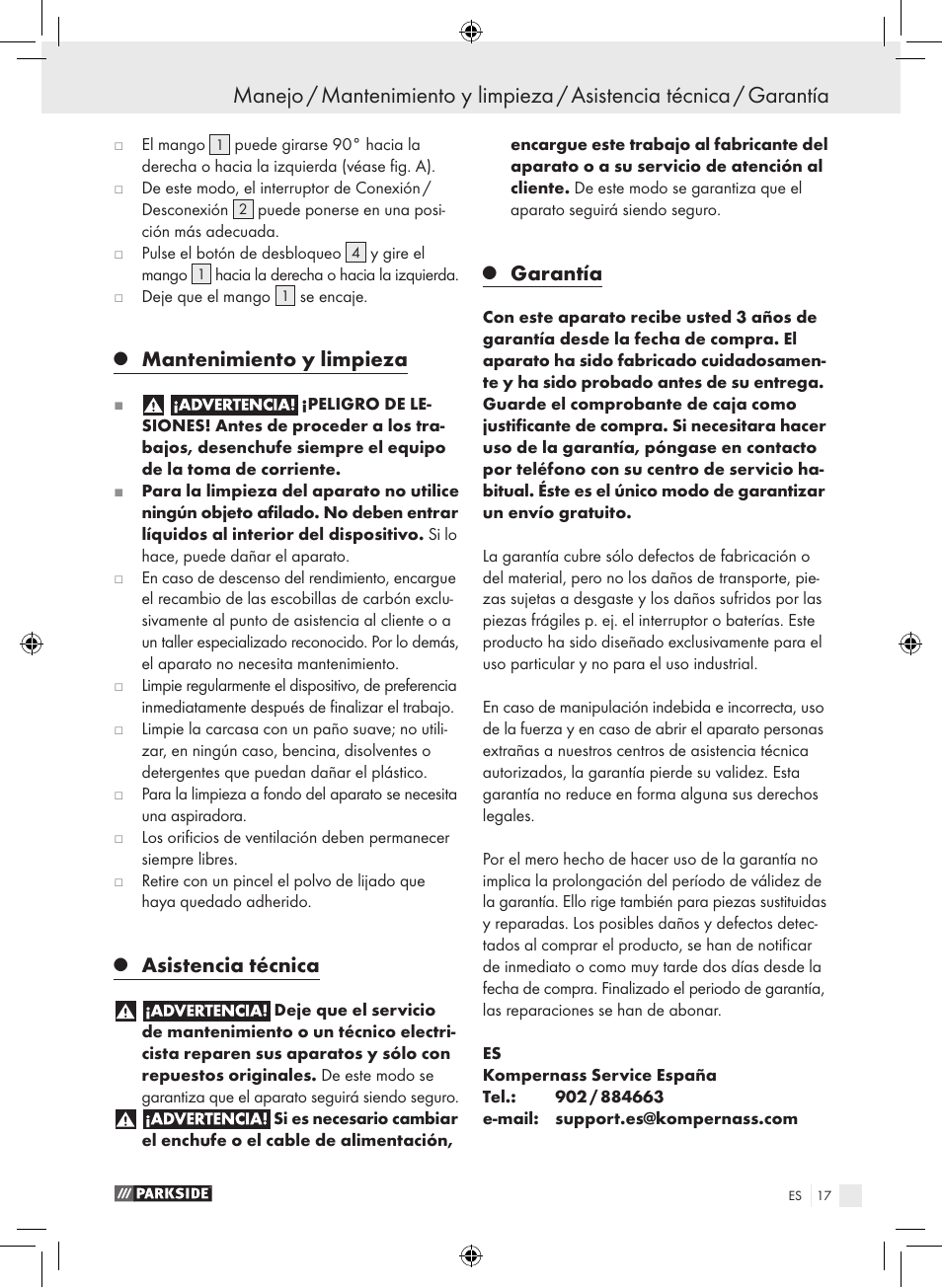 Mantenimiento y limpieza, Asistencia técnica, Garantía | Parkside PWS 230 A1 User Manual | Page 17 / 77