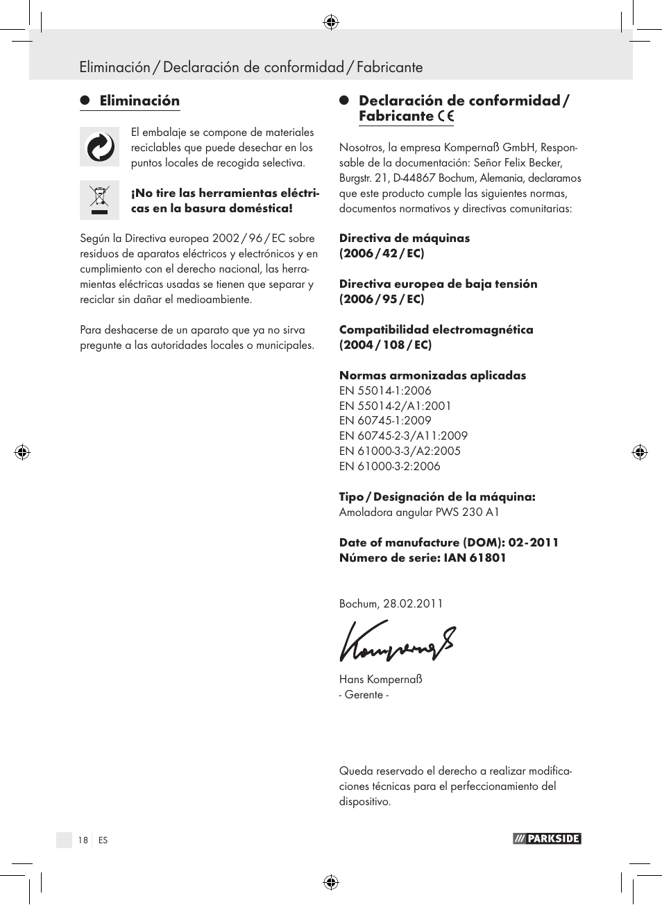 Eliminación, Declaración de conformidad / fabricante | Parkside PWS 230 A1 User Manual | Page 18 / 77
