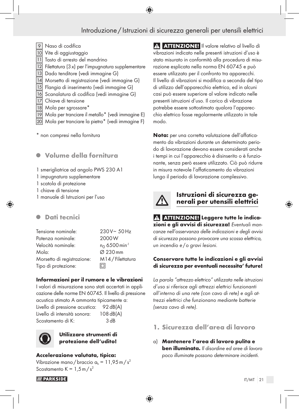 Volume della fornitura, Dati tecnici, Sicurezza dell’area di lavoro | Parkside PWS 230 A1 User Manual | Page 21 / 77