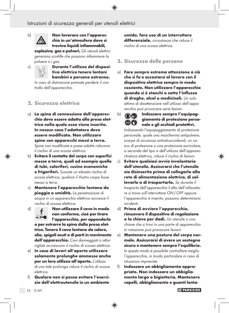Sicurezza elettrica, Sicurezza delle persone | Parkside PWS 230 A1 User Manual | Page 22 / 77
