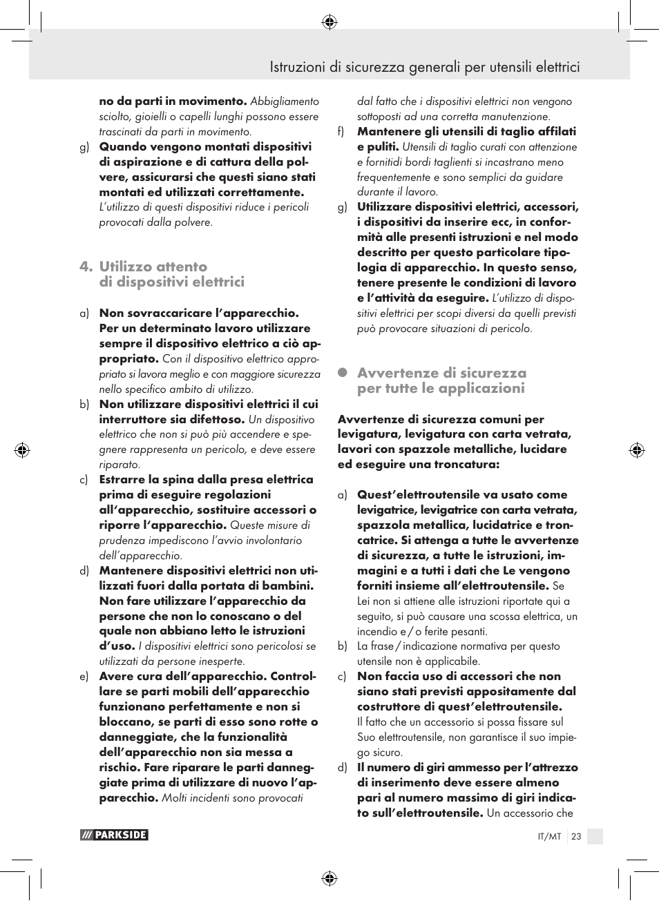 Utilizzo attento di dispositivi elettrici, Avvertenze di sicurezza per tutte le applicazioni | Parkside PWS 230 A1 User Manual | Page 23 / 77