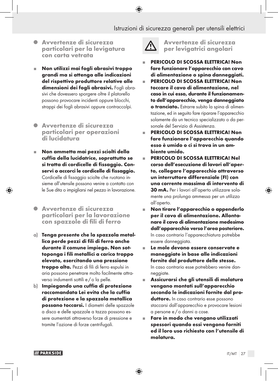 Avvertenze di sicurezza per levigatrici angolari | Parkside PWS 230 A1 User Manual | Page 27 / 77