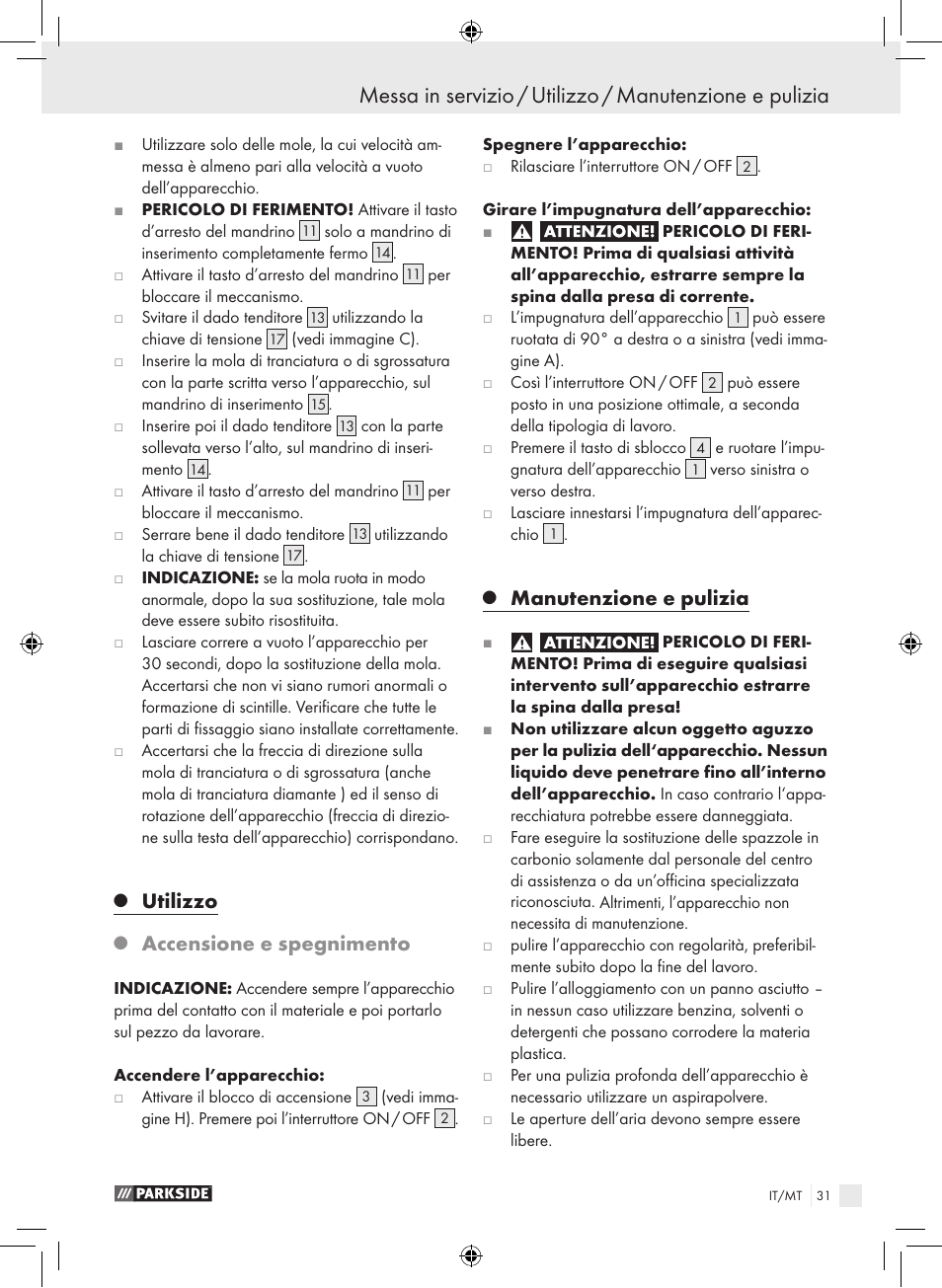 Utilizzo, Accensione e spegnimento, Manutenzione e pulizia | Parkside PWS 230 A1 User Manual | Page 31 / 77