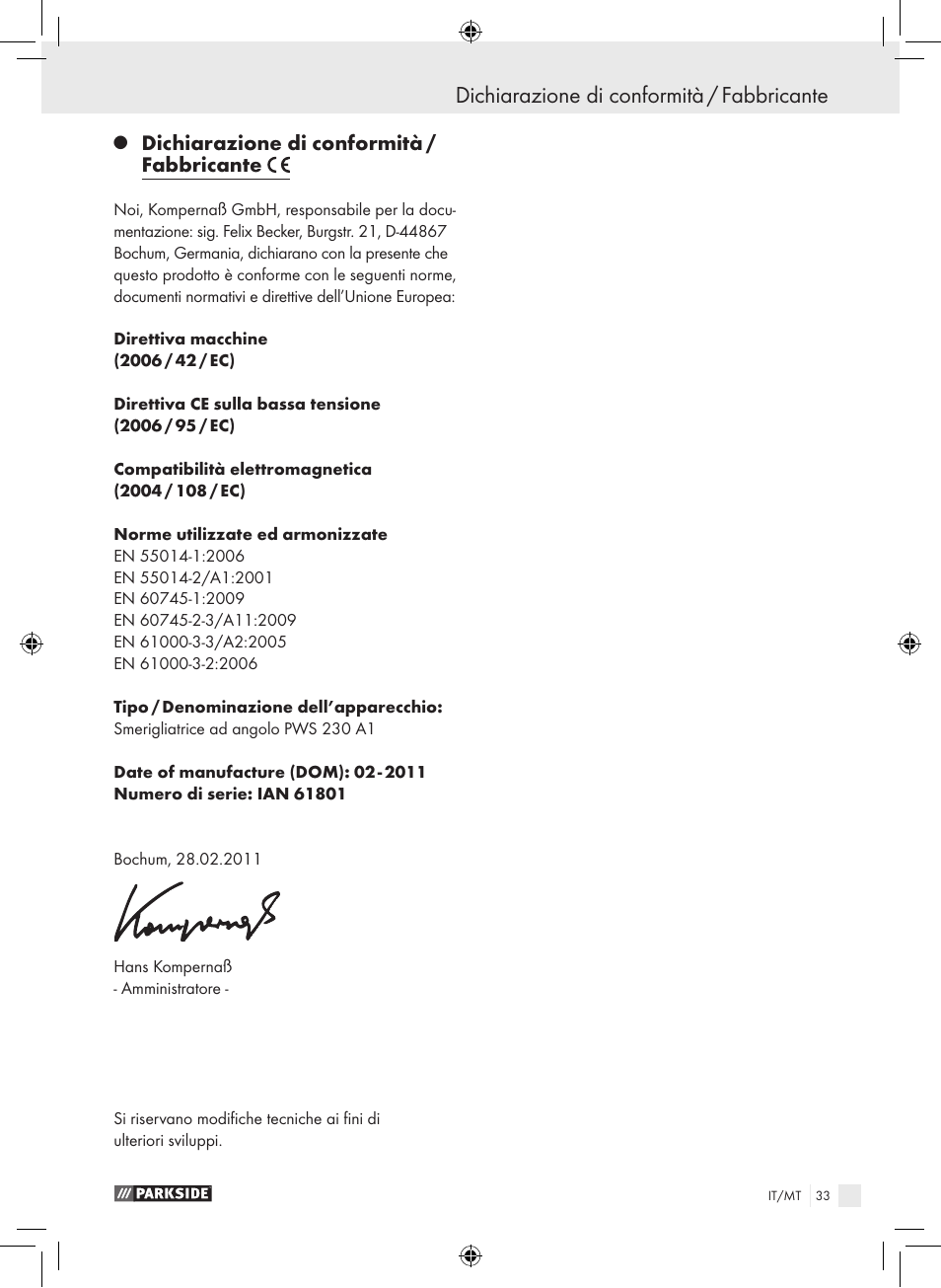 Dichiarazione di conformità / fabbricante | Parkside PWS 230 A1 User Manual | Page 33 / 77