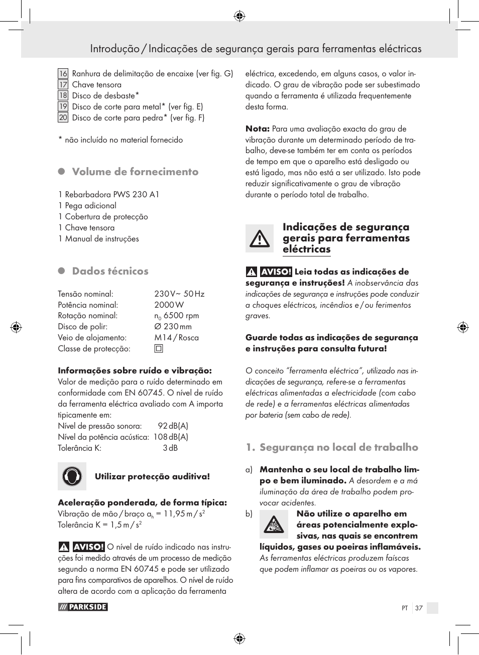 Volume de fornecimento, Dados técnicos, Segurança no local de trabalho | Parkside PWS 230 A1 User Manual | Page 37 / 77
