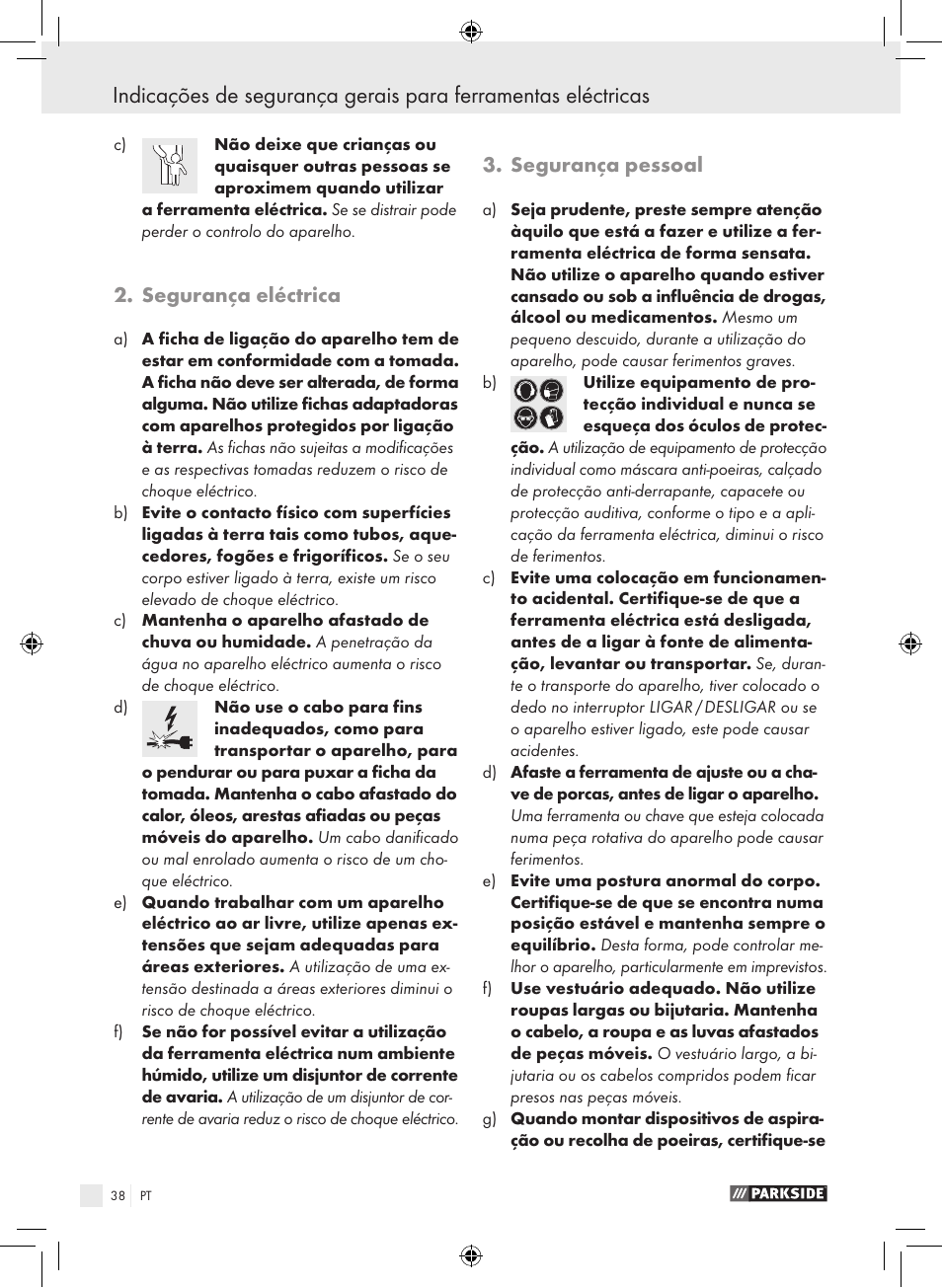 Segurança eléctrica, Segurança pessoal | Parkside PWS 230 A1 User Manual | Page 38 / 77