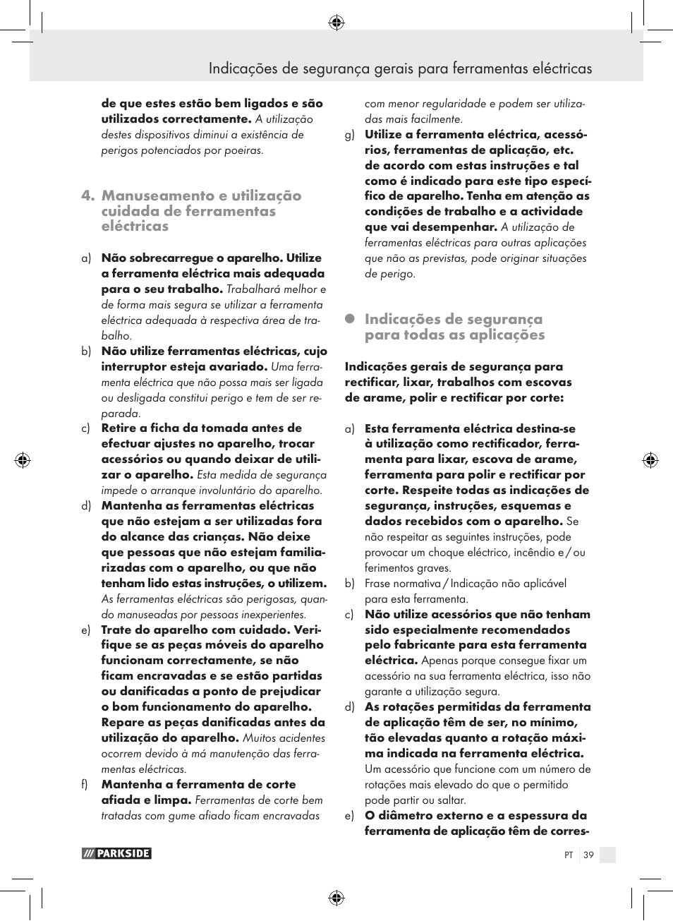 Indicações de segurança para todas as aplicações | Parkside PWS 230 A1 User Manual | Page 39 / 77