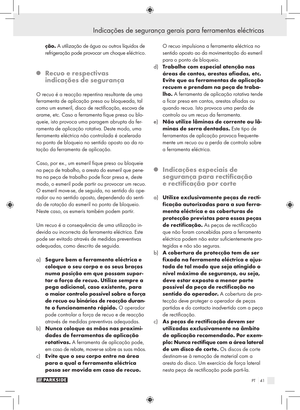 Recuo e respectivas indicações de segurança | Parkside PWS 230 A1 User Manual | Page 41 / 77