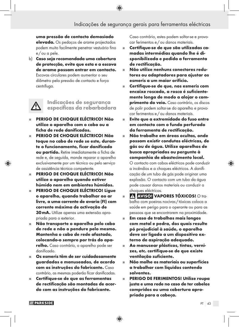Indicações de segurança específicas da rebarbadora | Parkside PWS 230 A1 User Manual | Page 43 / 77