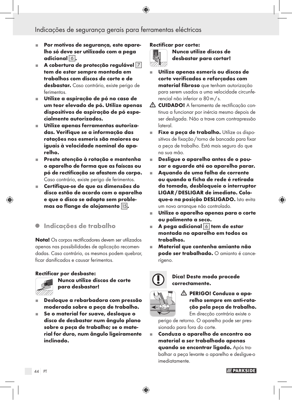 Indicações de trabalho | Parkside PWS 230 A1 User Manual | Page 44 / 77