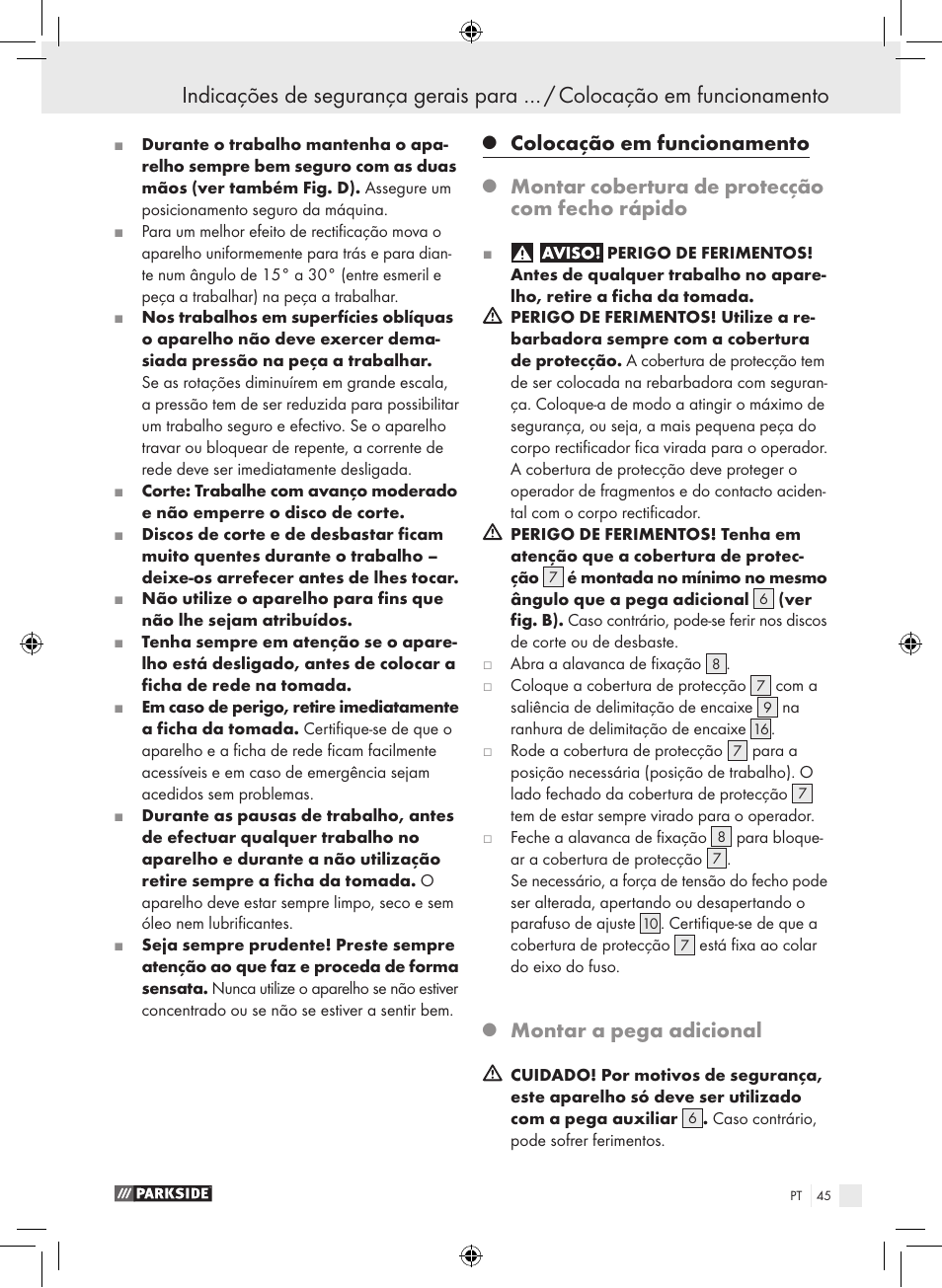 Colocação em funcionamento, Montar cobertura de protecção com fecho rápido, Montar a pega adicional | Parkside PWS 230 A1 User Manual | Page 45 / 77