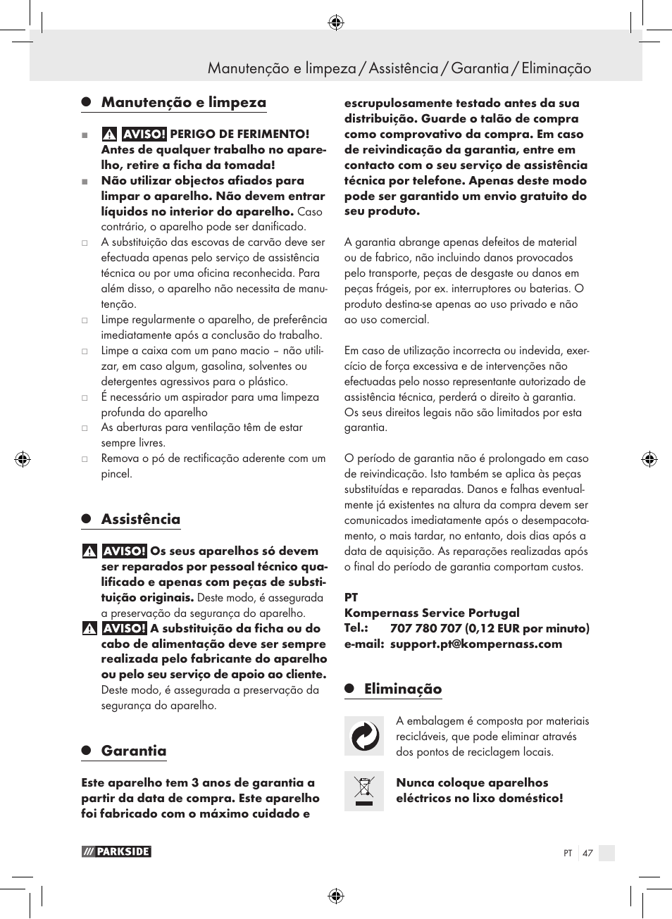 Manutenção e limpeza, Assistência, Garantia | Eliminação | Parkside PWS 230 A1 User Manual | Page 47 / 77