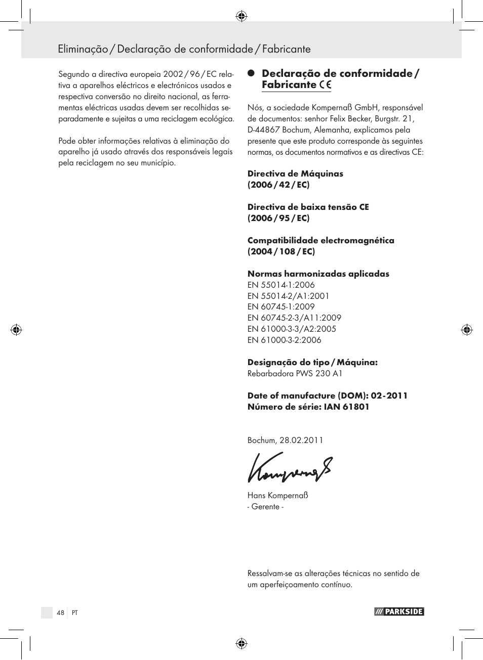 Declaração de conformidade / fabricante | Parkside PWS 230 A1 User Manual | Page 48 / 77