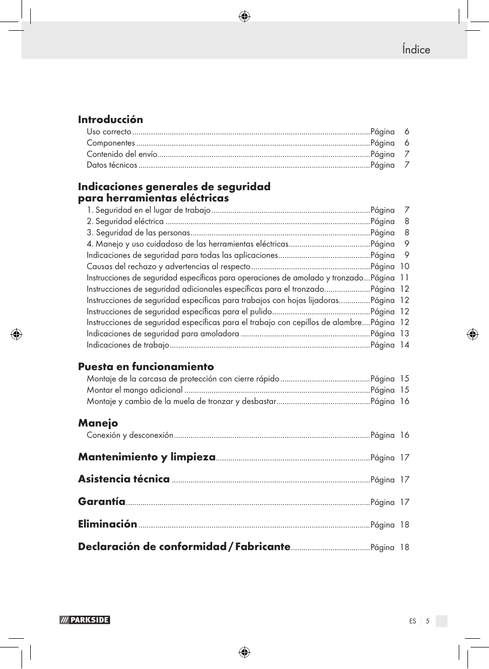 Índice, Introducción, Puesta en funcionamiento | Manejo, Mantenimiento y limpieza, Asistencia técnica, Garantía, Eliminación, Declaración de conformidad / fabricante | Parkside PWS 230 A1 User Manual | Page 5 / 77