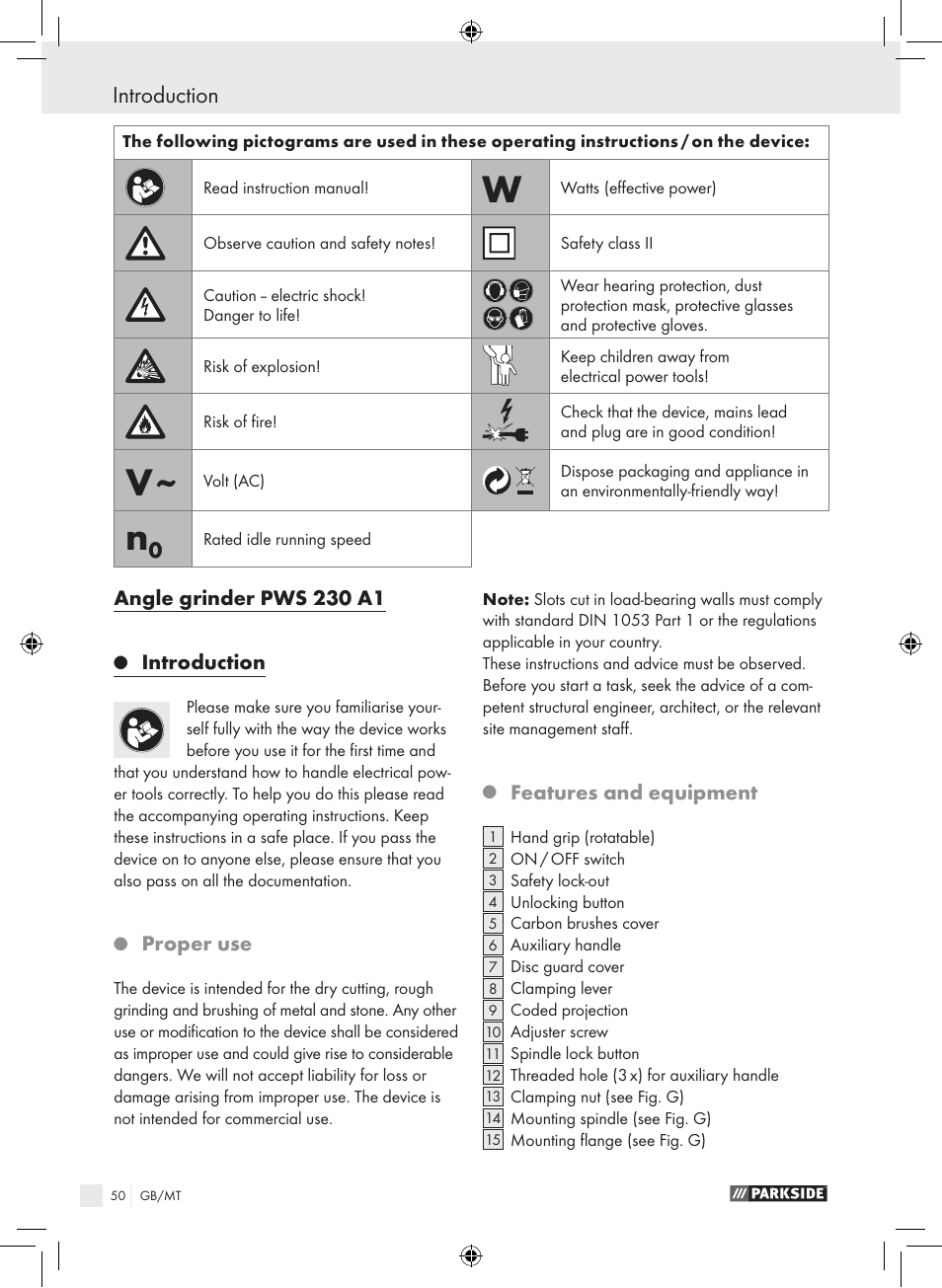 Introduction, Angle grinder pws 230 a1, Proper use | Features and equipment | Parkside PWS 230 A1 User Manual | Page 50 / 77