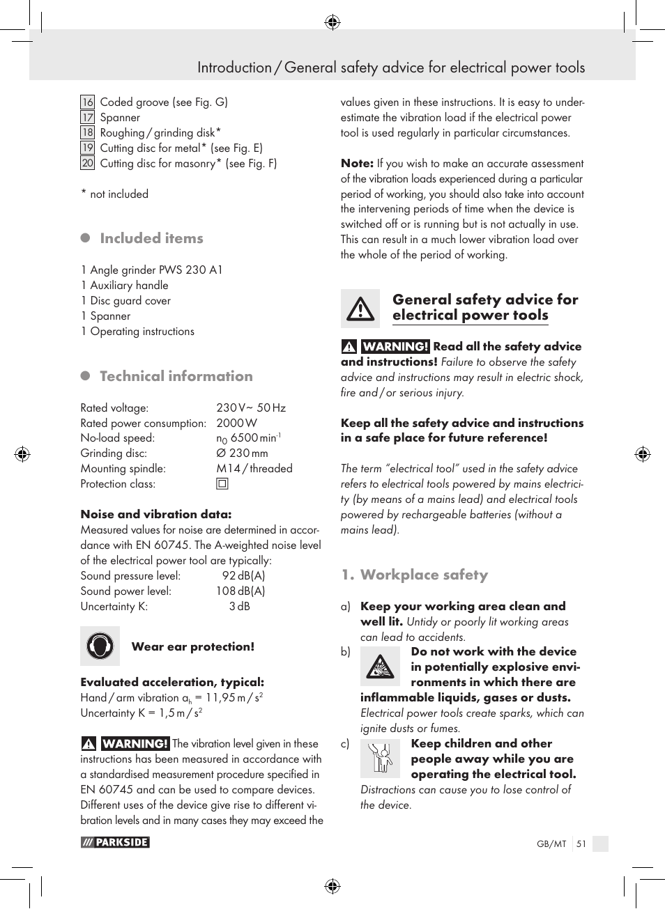 Included items, Technical information, General safety advice for electrical power tools | Workplace safety | Parkside PWS 230 A1 User Manual | Page 51 / 77