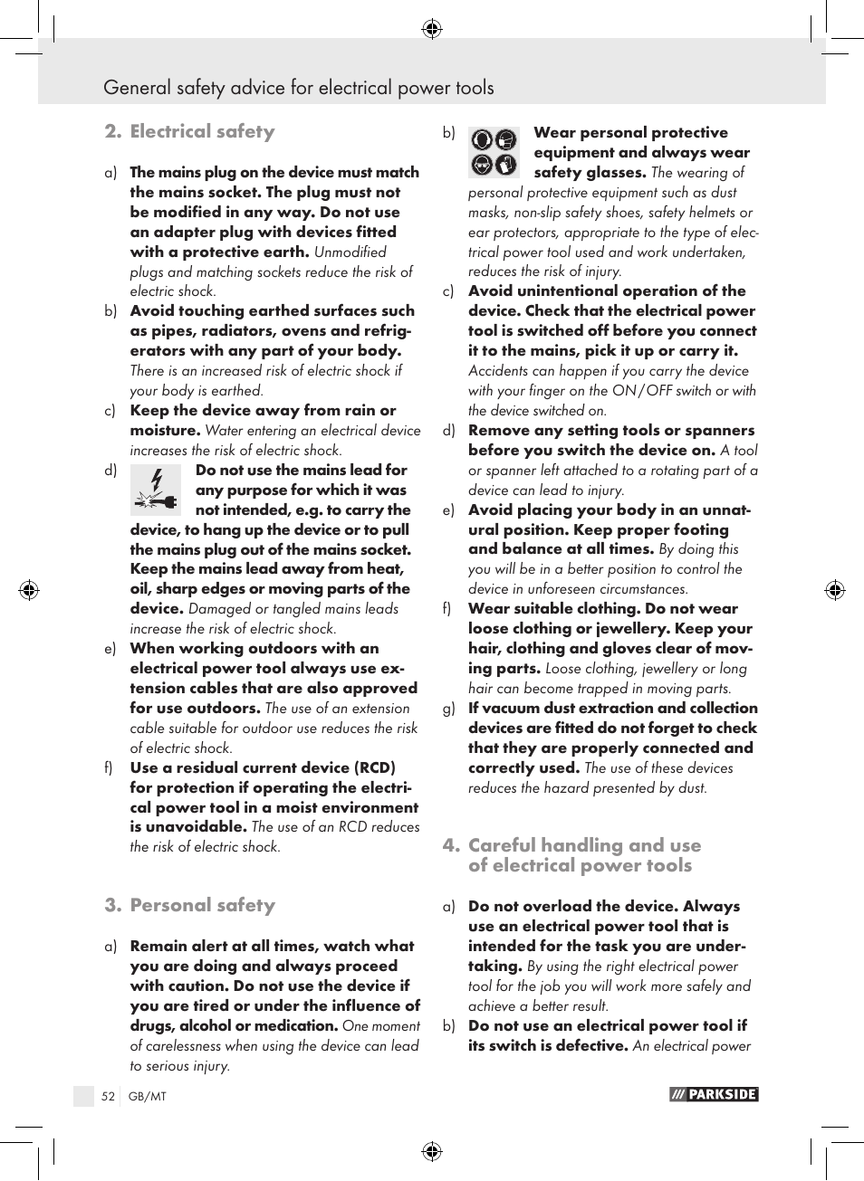 General safety advice for electrical power tools, Electrical safety, Personal safety | Careful handling and use of electrical power tools | Parkside PWS 230 A1 User Manual | Page 52 / 77
