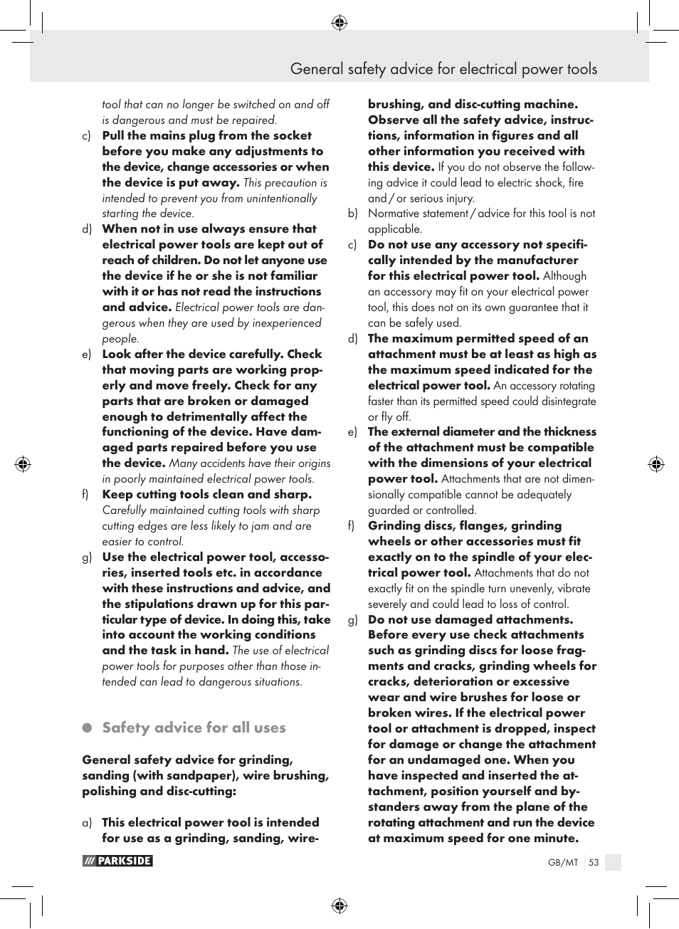 General safety advice for electrical power tools, Safety advice for all uses | Parkside PWS 230 A1 User Manual | Page 53 / 77