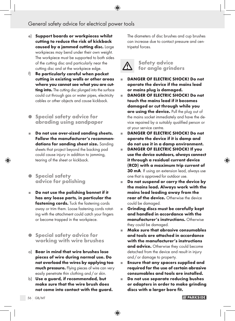General safety advice for electrical power tools, Special safety advice for abrading using sandpaper, Special safety advice for polishing | Safety advice for angle grinders | Parkside PWS 230 A1 User Manual | Page 56 / 77