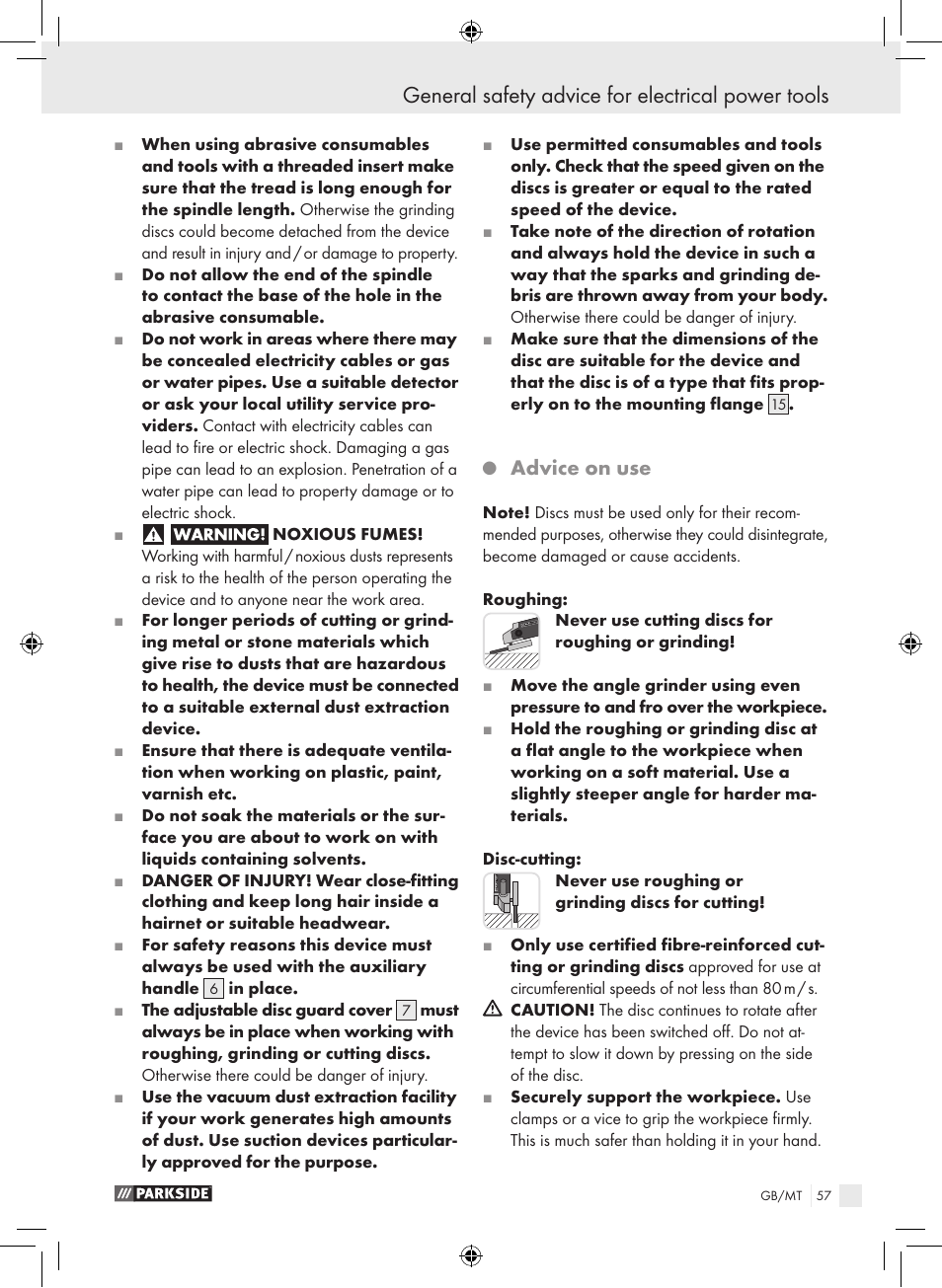 General safety advice for electrical power tools, Advice on use | Parkside PWS 230 A1 User Manual | Page 57 / 77