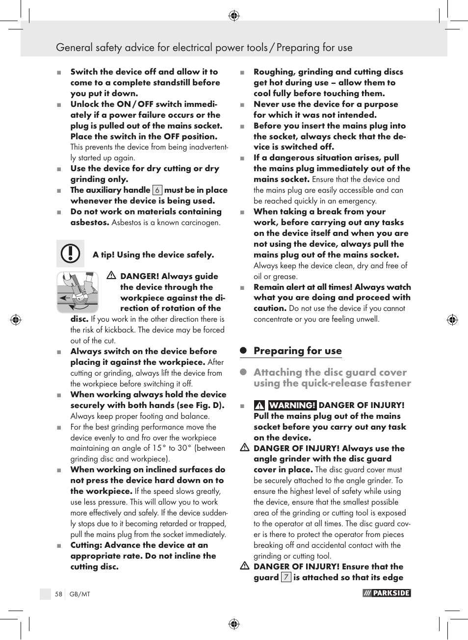 Preparing for use | Parkside PWS 230 A1 User Manual | Page 58 / 77