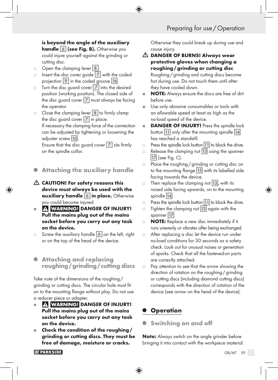 Preparing for use / operation, Attaching the auxiliary handle, Operation | Switching on and off | Parkside PWS 230 A1 User Manual | Page 59 / 77