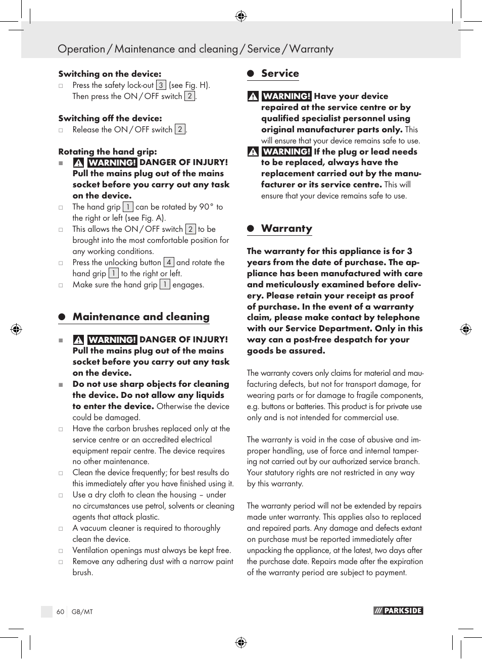 Maintenance and cleaning, Service, Warranty | Parkside PWS 230 A1 User Manual | Page 60 / 77