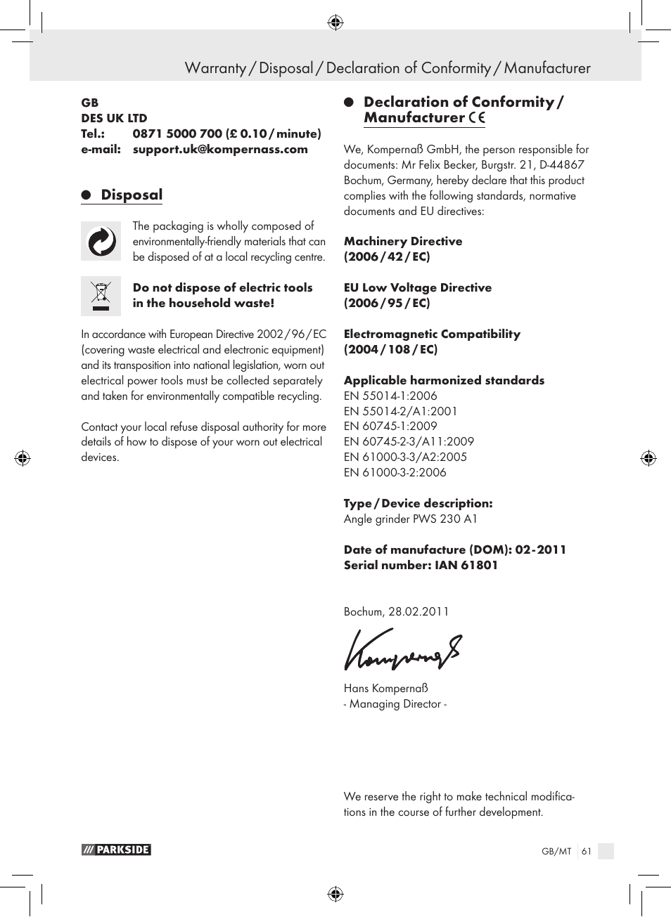 Disposal, Declaration of conformity / manufacturer | Parkside PWS 230 A1 User Manual | Page 61 / 77