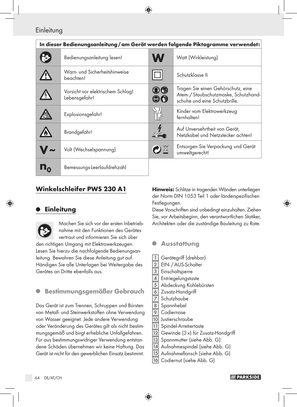 Einleitung, Winkelschleifer pws 230 a1, Bestimmungsgemäßer gebrauch | Ausstattung | Parkside PWS 230 A1 User Manual | Page 64 / 77