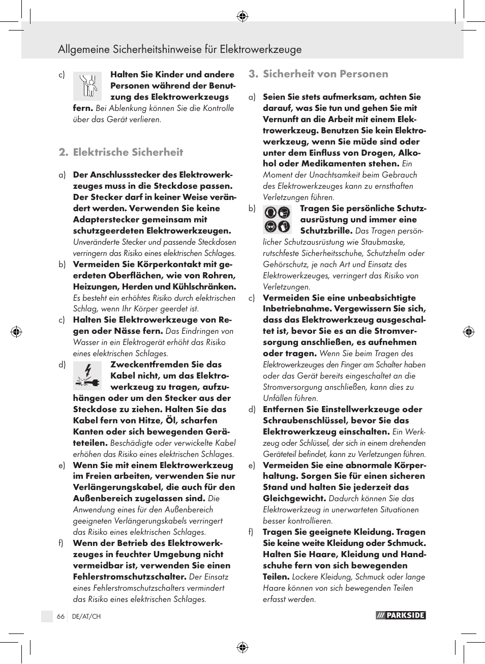 Elektrische sicherheit, Sicherheit von personen | Parkside PWS 230 A1 User Manual | Page 66 / 77