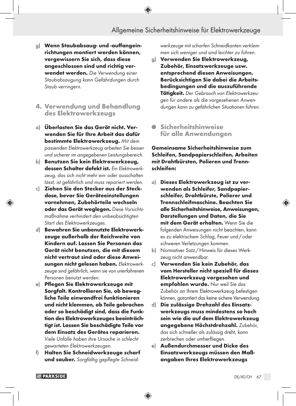 Verwendung und behandlung des elektrowerkzeugs, Sicherheitshinweise für alle anwendungen | Parkside PWS 230 A1 User Manual | Page 67 / 77