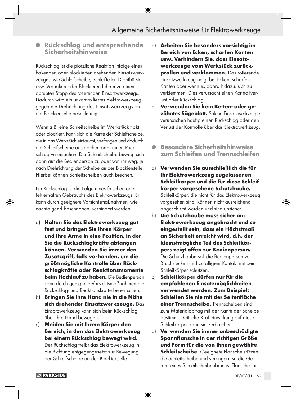 Rückschlag und entsprechende sicherheitshinweise | Parkside PWS 230 A1 User Manual | Page 69 / 77