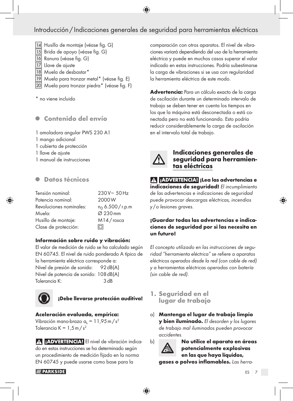 Parkside PWS 230 A1 User Manual | Page 7 / 77