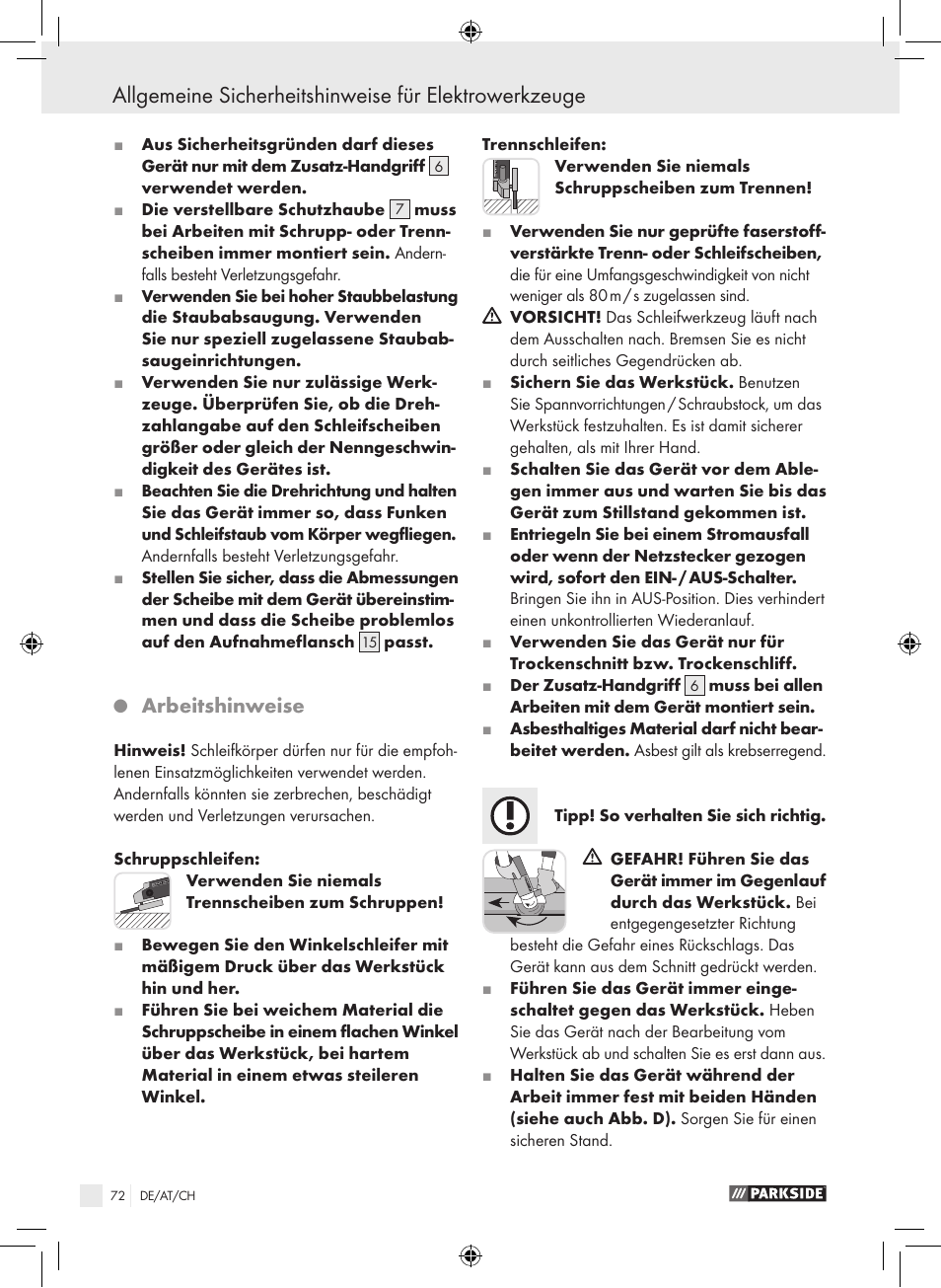 Arbeitshinweise | Parkside PWS 230 A1 User Manual | Page 72 / 77