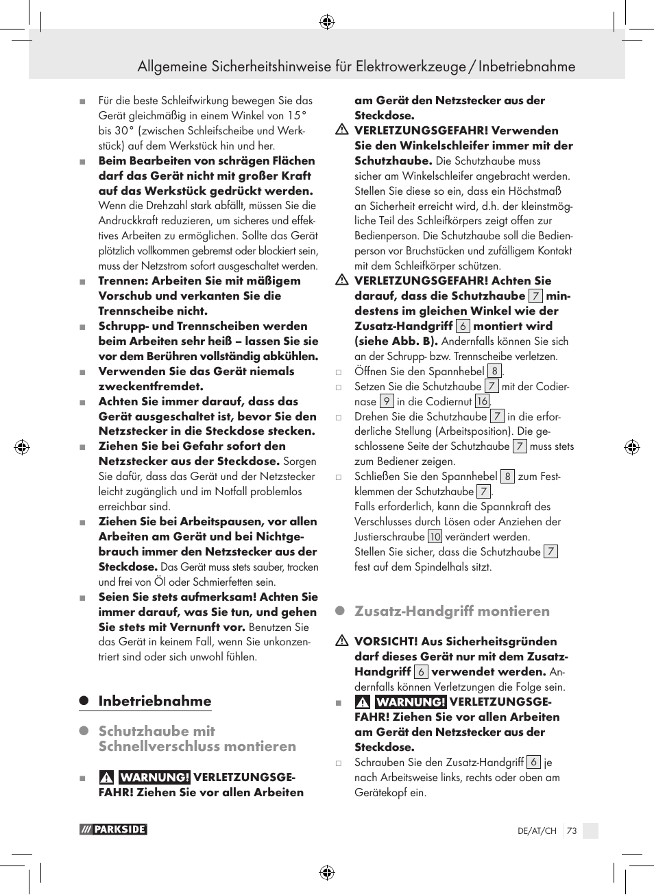 Inbetriebnahme, Schutzhaube mit schnellverschluss montieren, Zusatz-handgriff montieren | Parkside PWS 230 A1 User Manual | Page 73 / 77