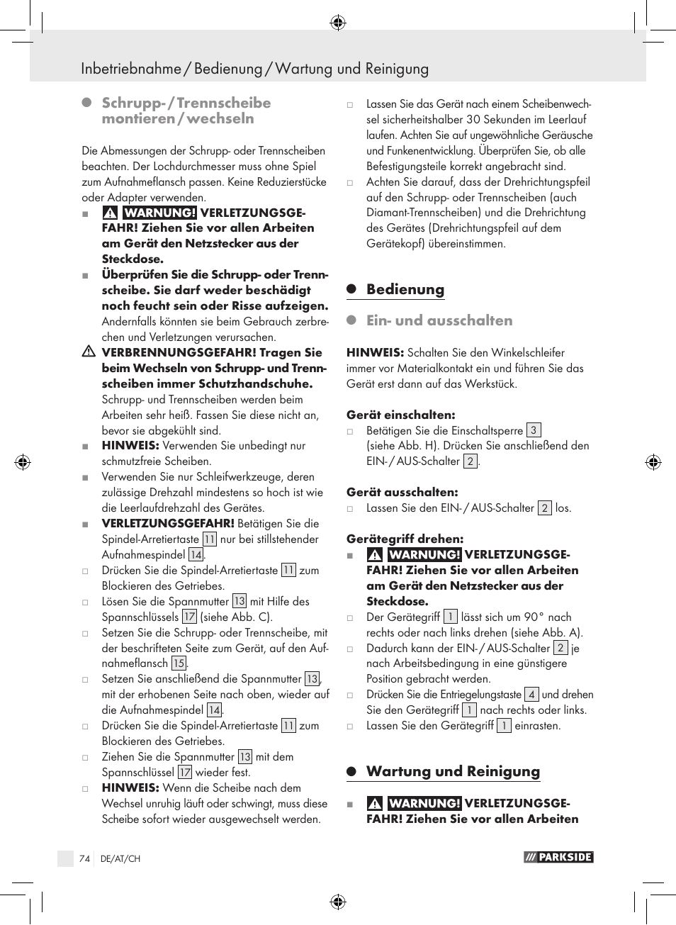 Inbetriebnahme / bedienung / wartung und reinigung, Schrupp- / trennscheibe montieren / wechseln, Bedienung | Ein- und ausschalten, Wartung und reinigung | Parkside PWS 230 A1 User Manual | Page 74 / 77